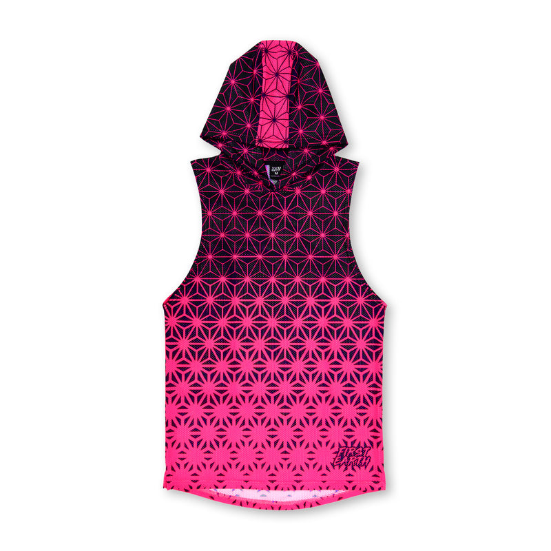 First Earth Asanoha Pink UV mesh hooded tank front with neon geometric pattern