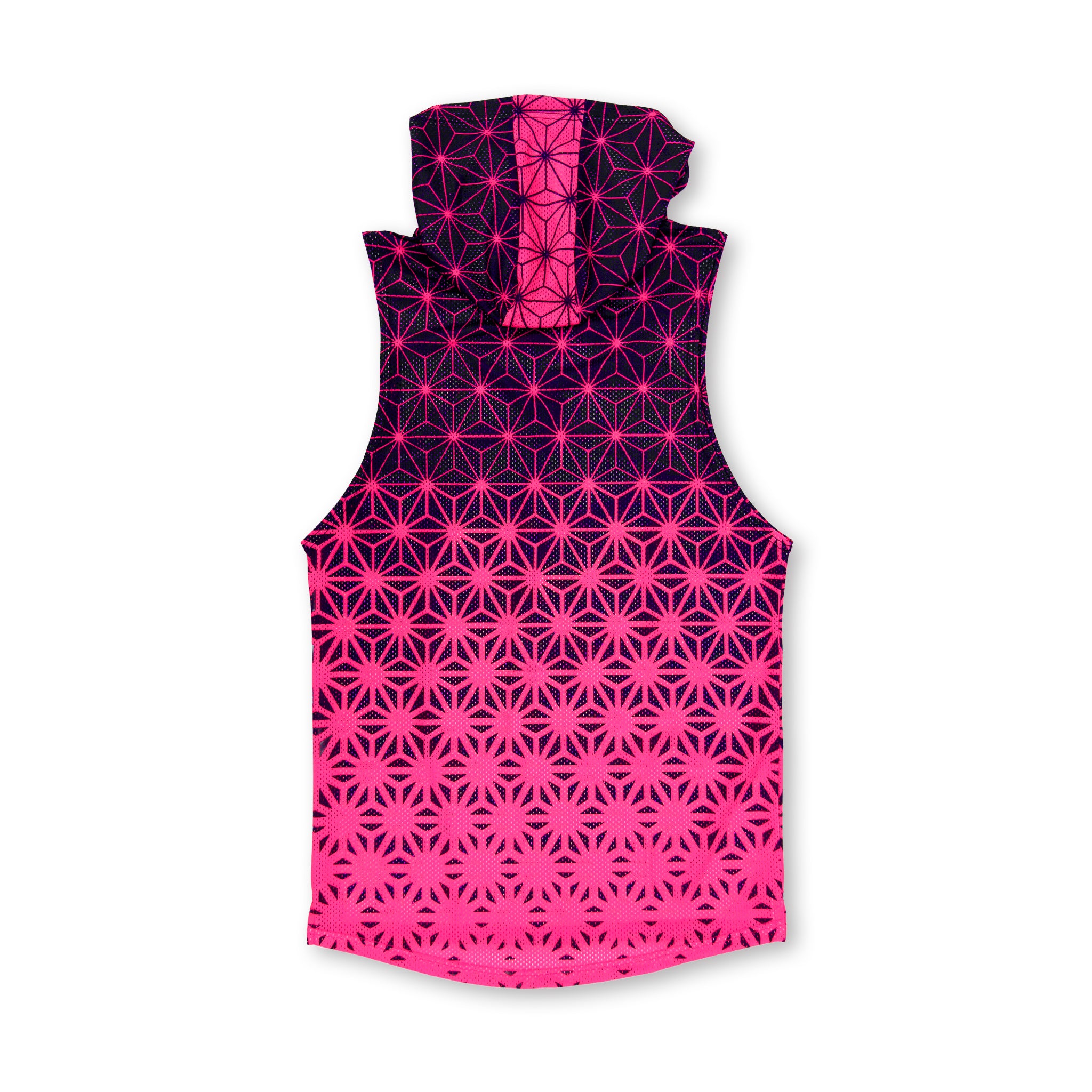 First Earth Asanoha Pink UV mesh hooded tank back with hood and neon geometric pattern
