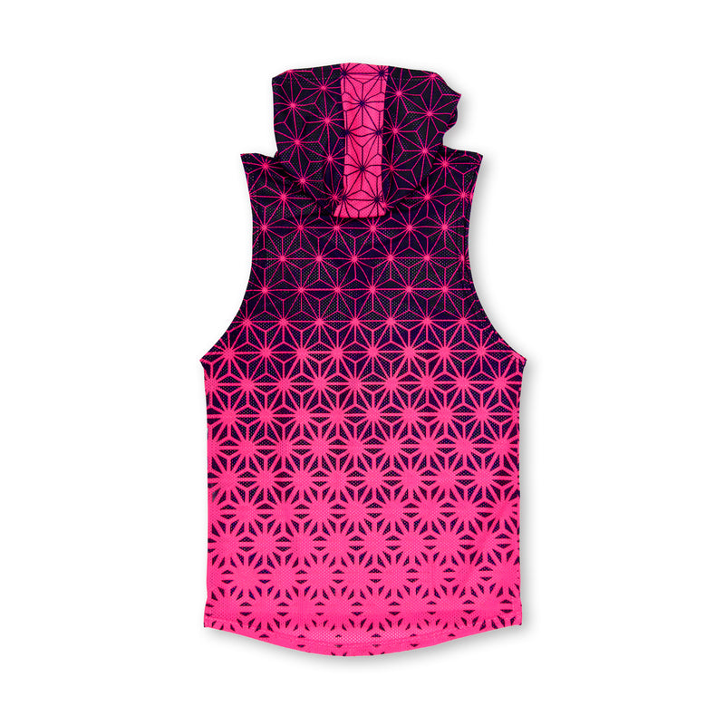 First Earth Asanoha Pink UV mesh hooded tank back with hood and neon geometric pattern