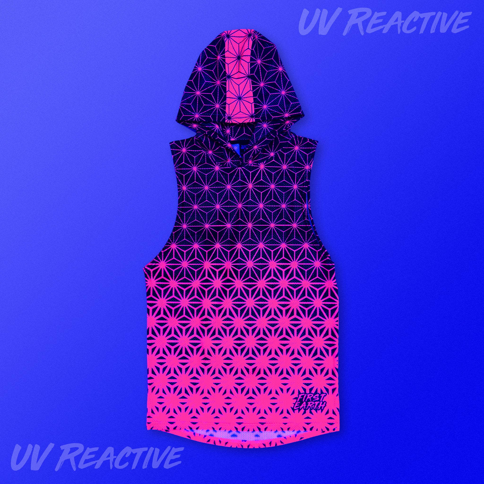 First Earth Asanoha Pink UV mesh hooded tank glowing pink under black light