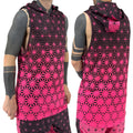 First Earth Asanoha Pink UV hooded mesh tank top on model showing front and back views with hot pink geometric asanoha print