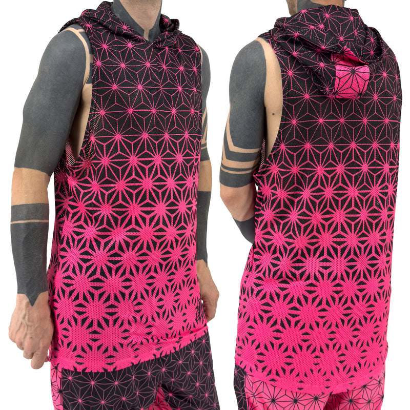 First Earth Asanoha Pink UV hooded mesh tank top on model showing front and back views with hot pink geometric asanoha print
