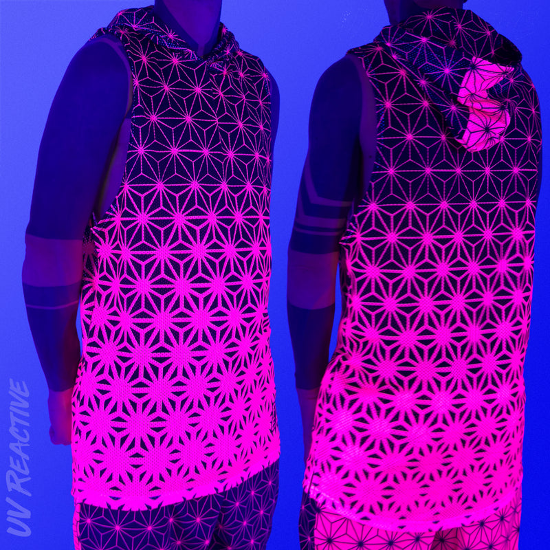 First Earth Asanoha Pink UV hooded mesh tank top under blacklight on model showing glowing pink asanoha pattern front and back