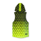 First Earth Asanoha Yellow UV mesh hooded tank front with neon geometric pattern
