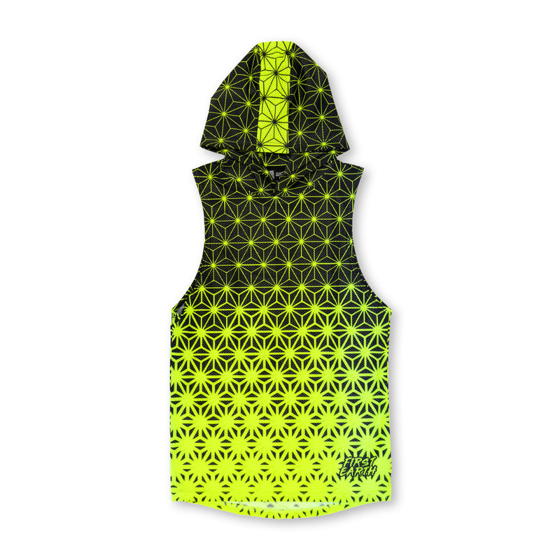 First Earth Asanoha Yellow UV mesh hooded tank front with neon geometric pattern