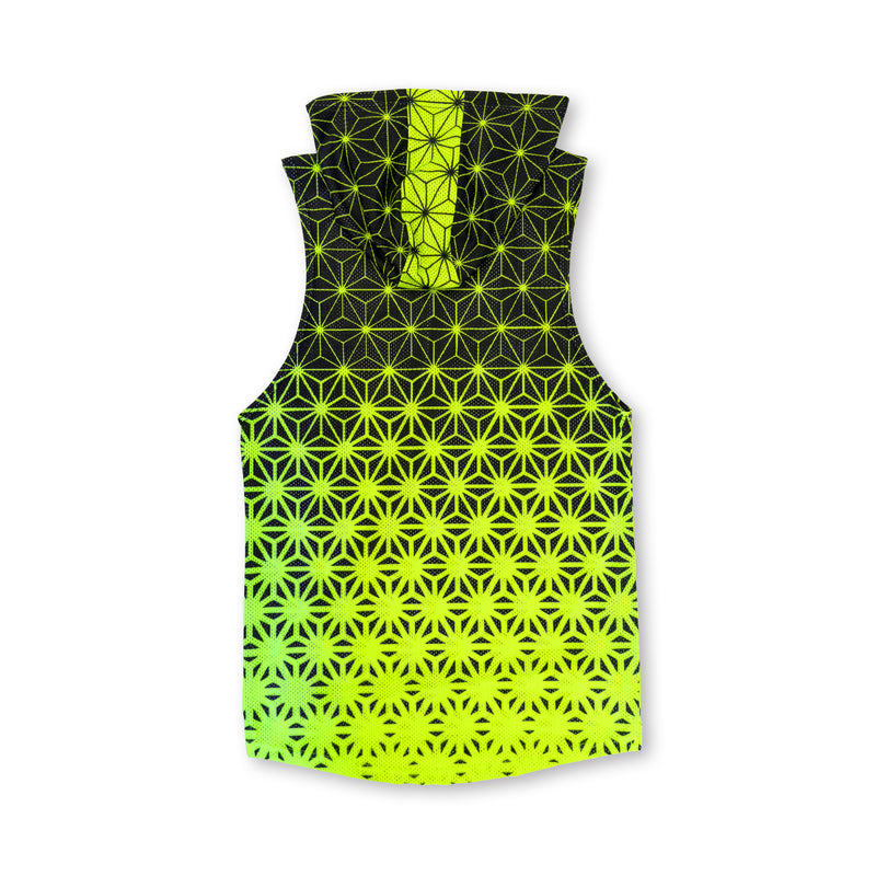 First Earth Asanoha Yellow UV mesh hooded tank back with hood and neon geometric pattern