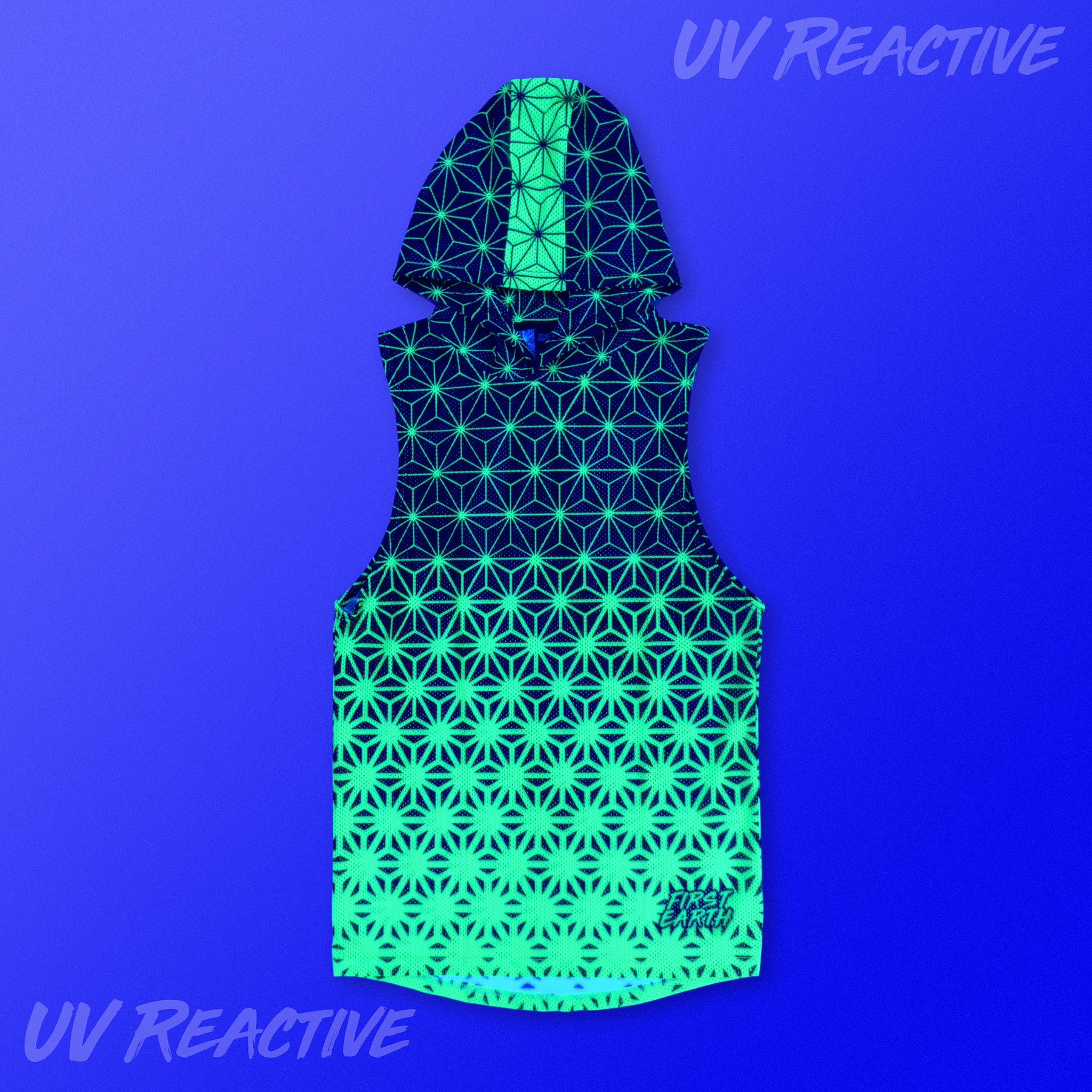 First Earth Asanoha Yellow UV mesh hooded tank glowing green under black light