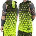 First Earth Asanoha Yellow UV hooded mesh tank top on model showing front and back views with neon yellow geometric asanoha print