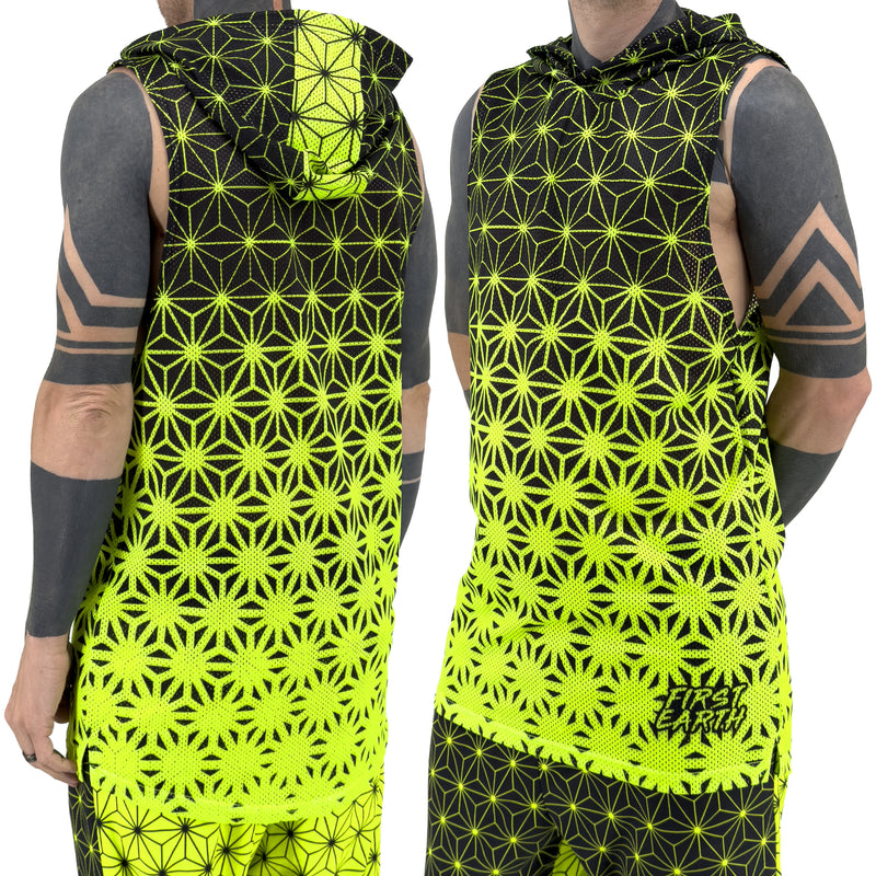 First Earth Asanoha Yellow UV hooded mesh tank top on model showing front and back views with neon yellow geometric asanoha print
