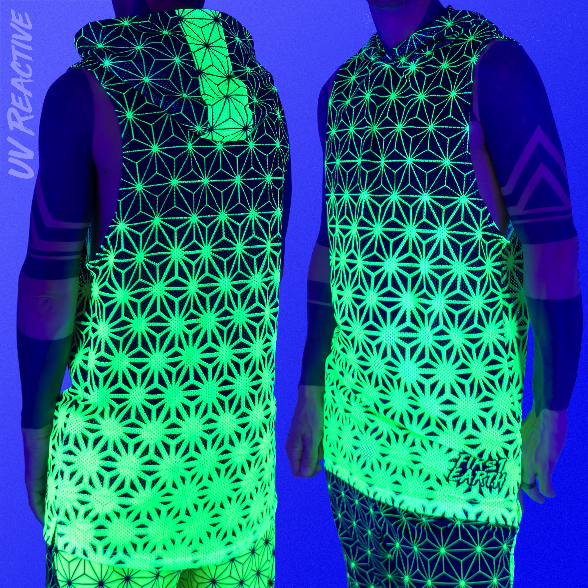 First Earth Asanoha Yellow UV hooded mesh tank top under blacklight on model showing glowing green yellow asanoha pattern front and back