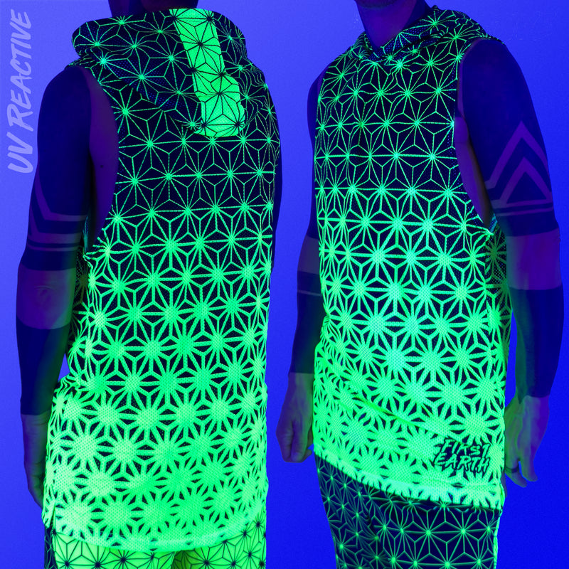 First Earth Asanoha Yellow UV hooded mesh tank top under blacklight on model showing glowing green yellow asanoha pattern front and back