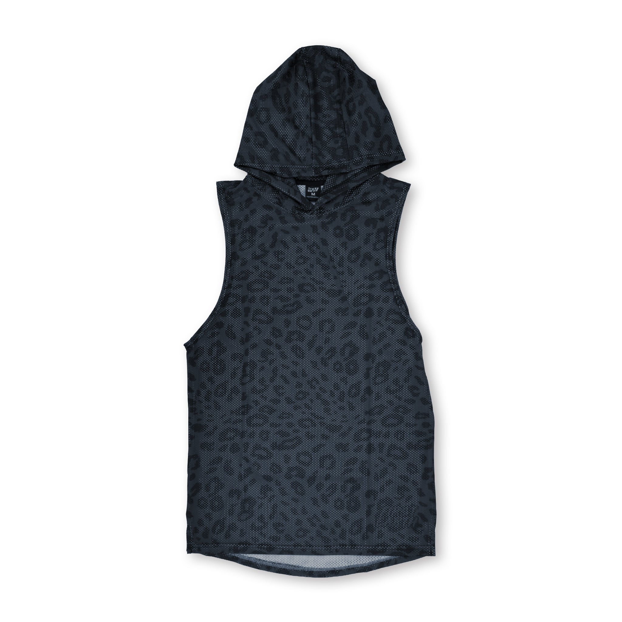First Earth Midnight Cheetah mesh hooded tank front with dark gray black cheetah print