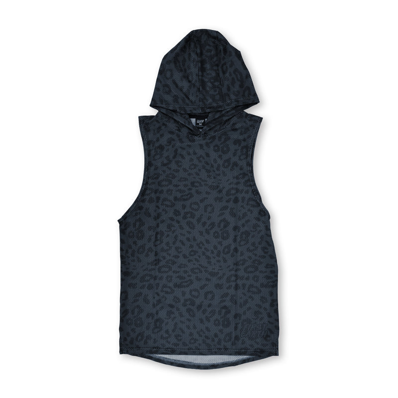 First Earth Midnight Cheetah mesh hooded tank front with dark gray black cheetah print