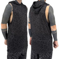 First Earth Midnight Cheetah hooded mesh tank top on model showing front and back views with dark grey black cheetah print