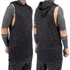 First Earth Midnight Cheetah hooded mesh tank top on model showing front and back views with dark grey black cheetah print