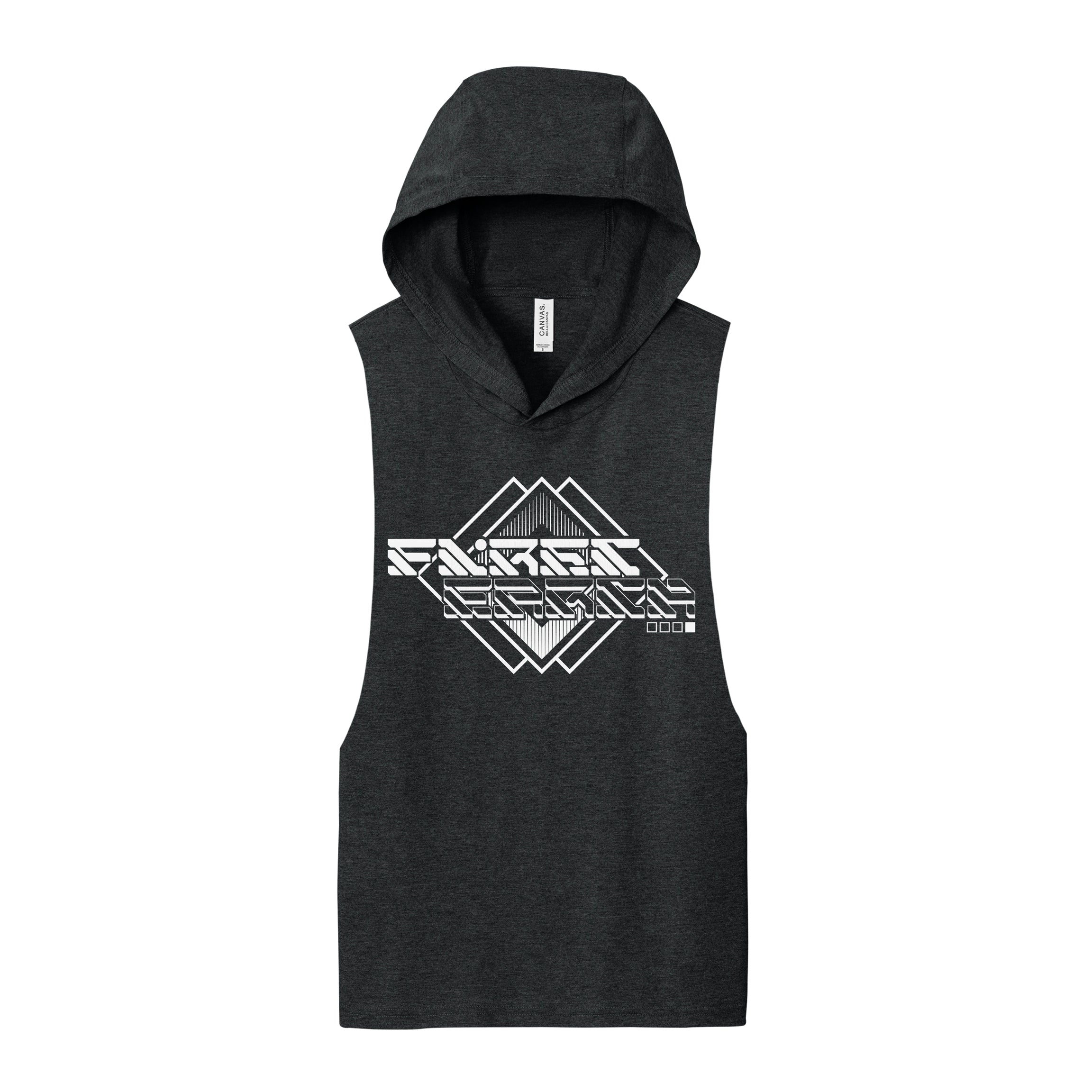 MMXXIV black and white hooded muscle tank by First Earth – bold tech-style rave tank with hooded design, soft breathable fabric for festival layering