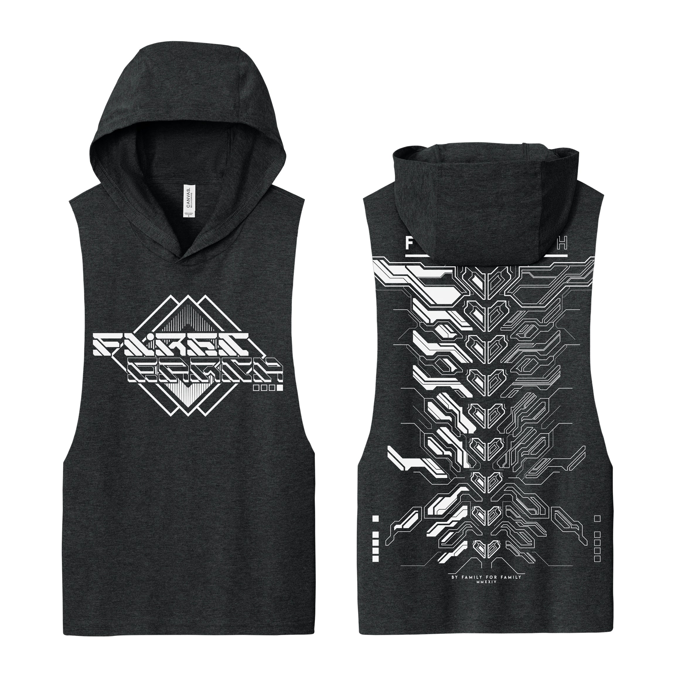MMXXIV black and white hooded muscle tank by First Earth – bold tech-style rave tank with hooded design, soft breathable fabric for festival layering