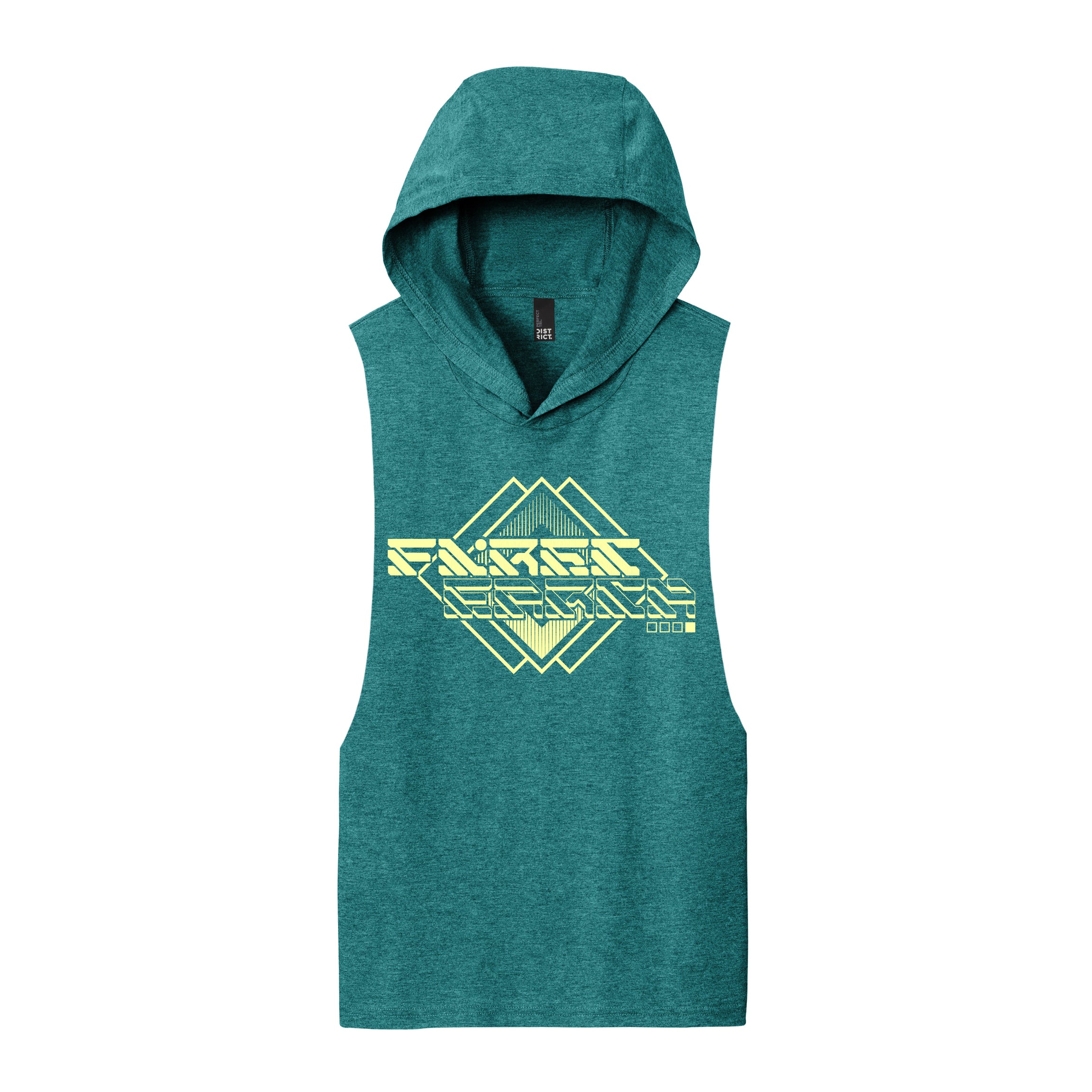 MMXXIV aqua, teal, and yellow hooded muscle tank by First Earth – lightweight rave tank with tech-inspired print, breathable fabric and hood for dusk-to-dawn layering