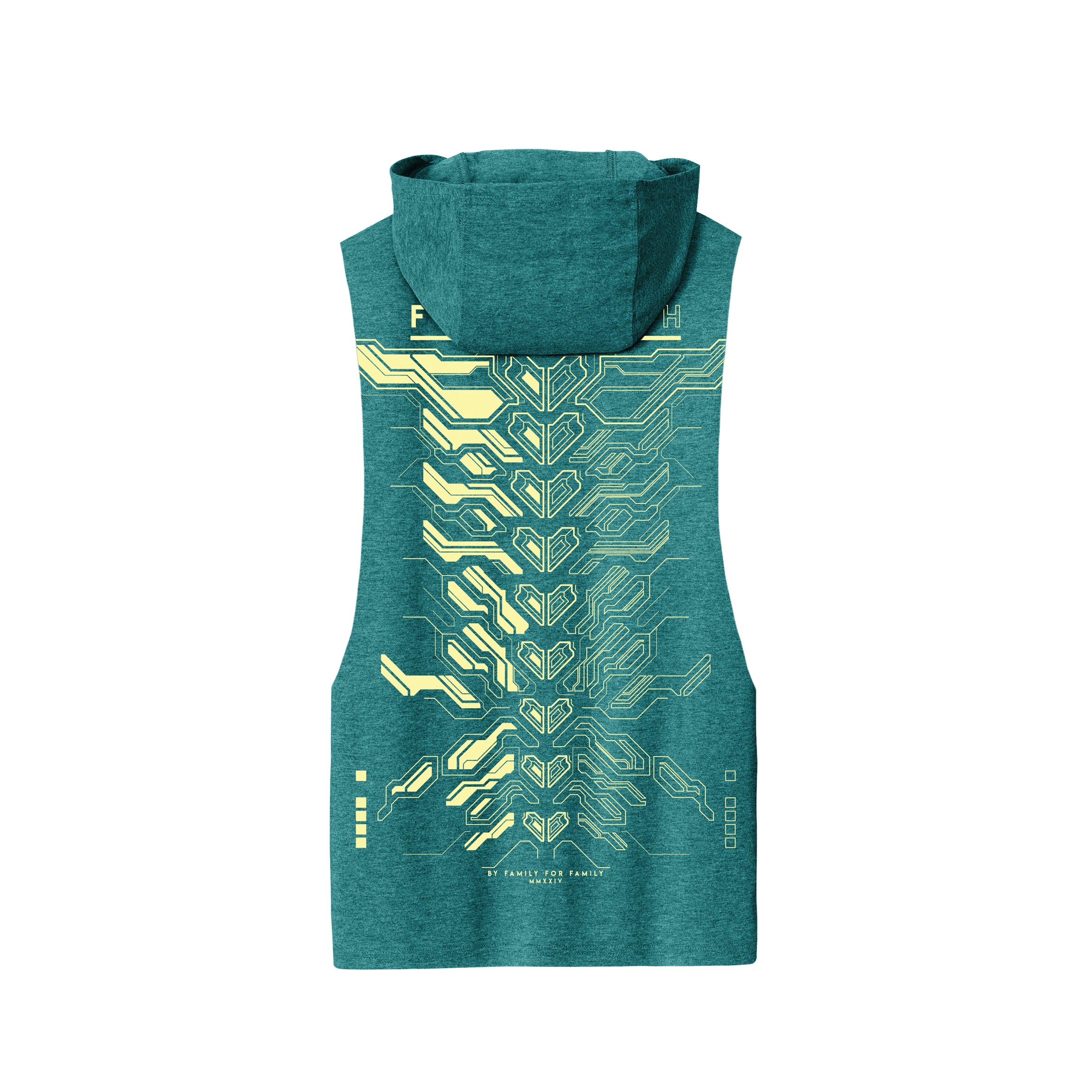 MMXXIV aqua, teal, and yellow hooded muscle tank by First Earth – lightweight rave tank with tech-inspired print, breathable fabric and hood for dusk-to-dawn layering