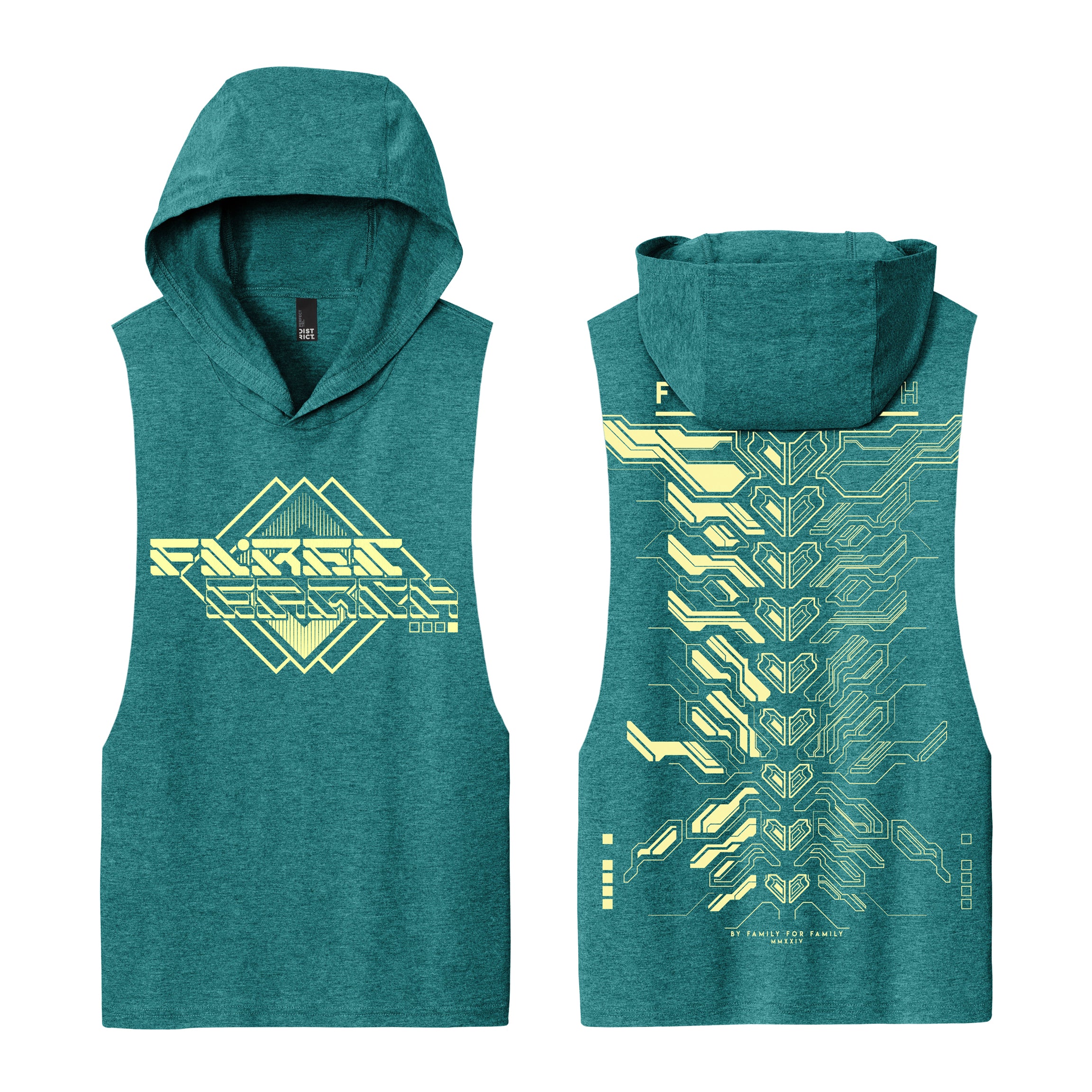 MMXXIV aqua, teal, and yellow hooded muscle tank by First Earth – lightweight rave tank with tech-inspired print, breathable fabric and hood for dusk-to-dawn layering