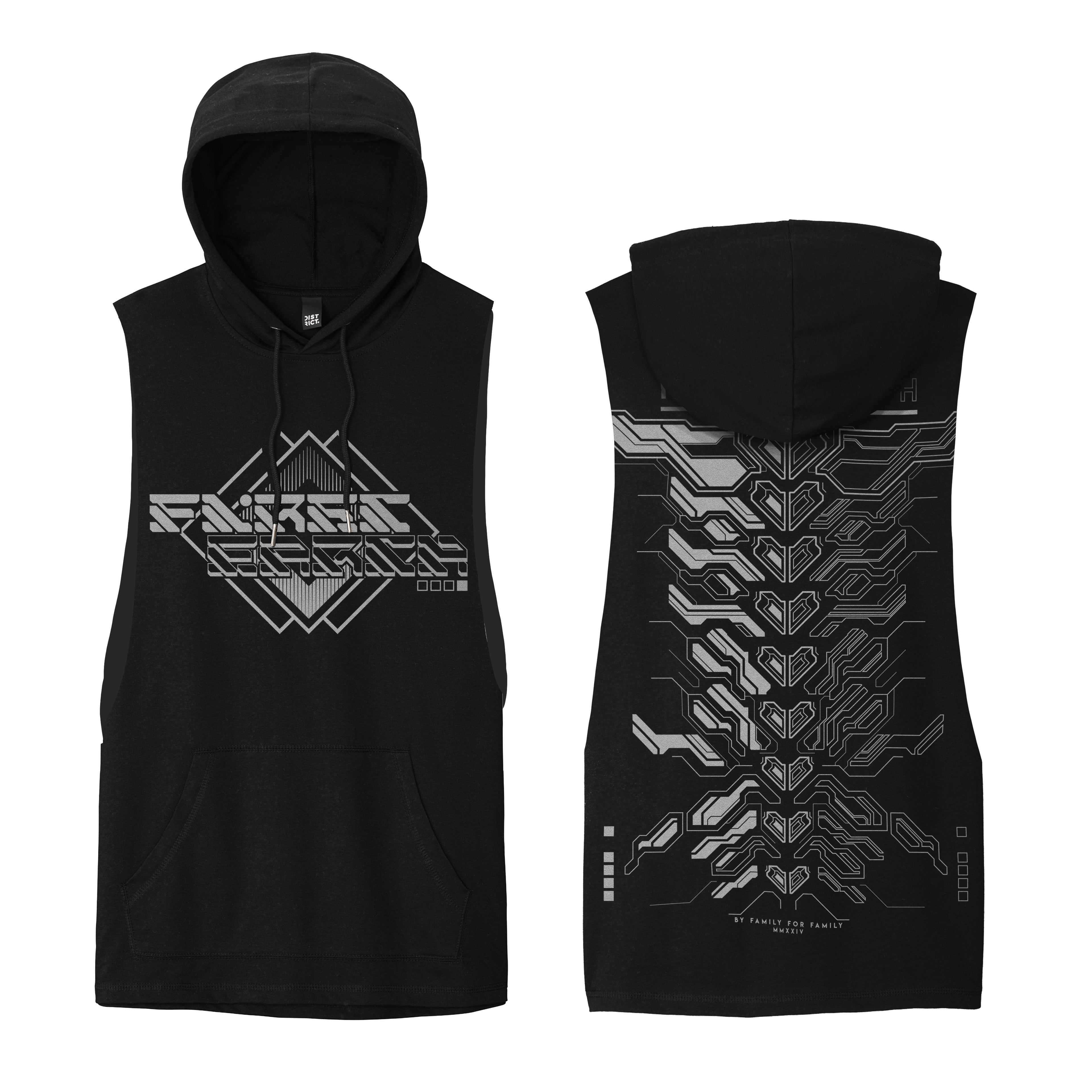 First Earth MMXXIV silver hooded muscle tank for rave and festival wear