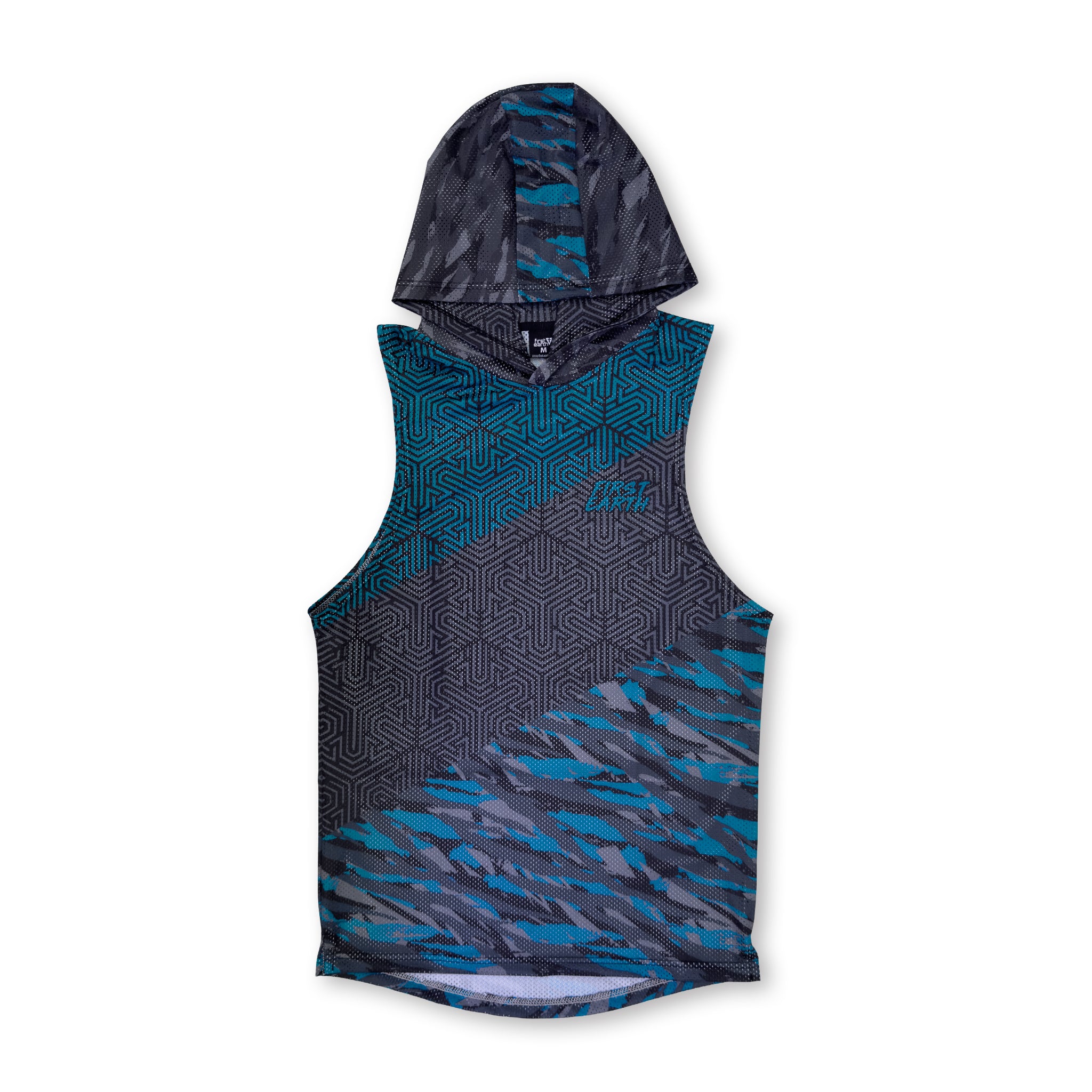 First Earth Shadow mesh hooded tank front with dark geometric pattern and teal accents