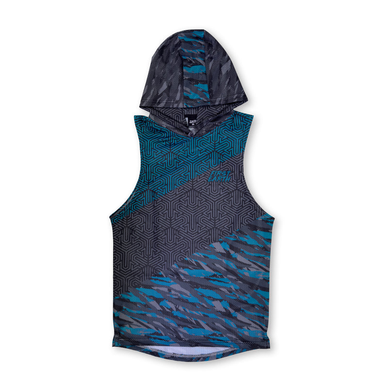 First Earth Shadow mesh hooded tank front with dark geometric pattern and teal accents