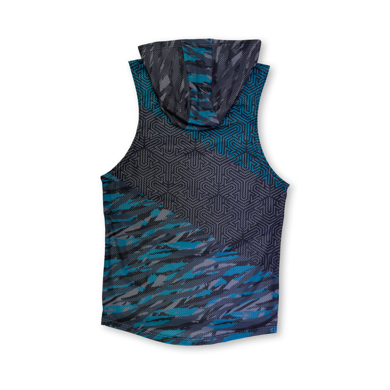First Earth Shadow mesh hooded tank back with hood, dark geometric pattern, and teal accents