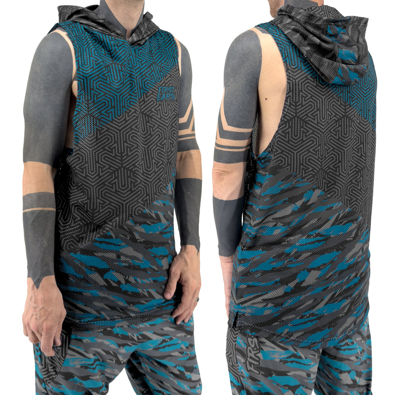 First Earth Shadow hooded mesh tank top on model showing front and back views with grey geometric and teal stripe artwork