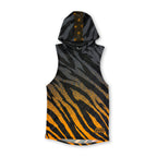 First Earth Sacred Stripes mesh hooded tank front with black gray and orange tiger stripe artwork