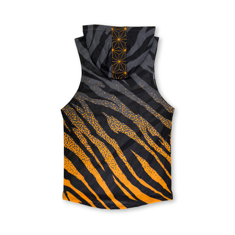 First Earth Sacred Stripes mesh hooded tank back with hood and orange tiger stripe artwork