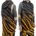 First Earth Sacred Stripes UV hooded mesh tank top on model showing front and back views with orange tiger stripe design