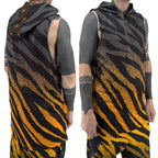 First Earth Sacred Stripes UV hooded mesh tank top on model showing front and back views with orange tiger stripe design