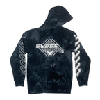 MMXXIV tie-dye hoodie by First Earth – bold black-and-white tech design on midweight tie-dye fabric, front/back & sleeve prints, jersey-lined hood for cozy layering 