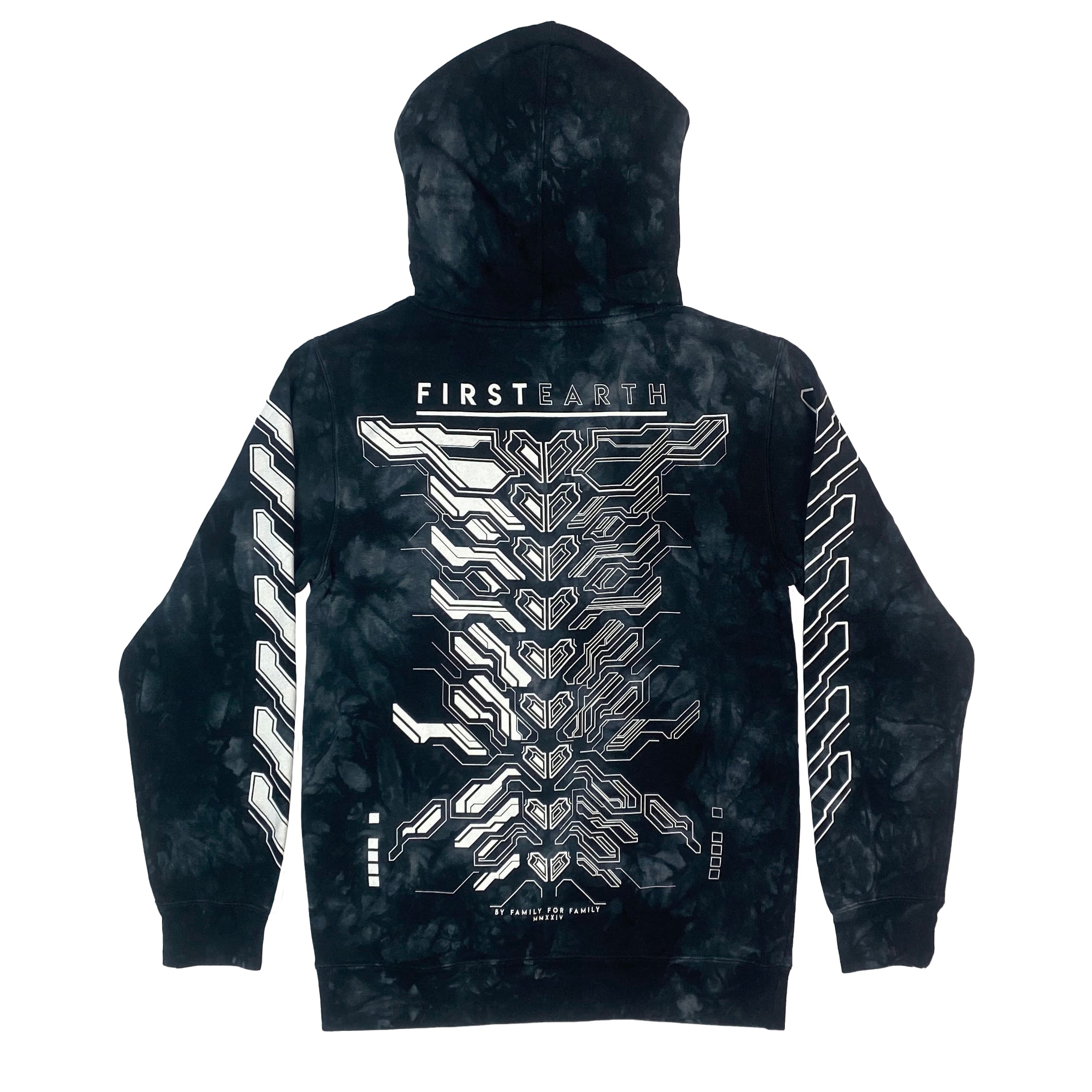 MMXXIV tie-dye hoodie by First Earth – bold black-and-white tech design on midweight tie-dye fabric, front/back & sleeve prints, jersey-lined hood for cozy layering 