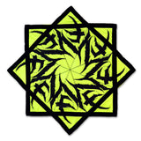 Tempest Electric Yellow UV Flow Star spinning dance prop with bold geometric artwork, 25.5 inch rave and festival flow arts toy by First Earth