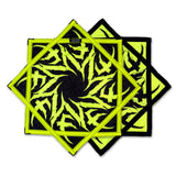 Tempest Electric Yellow UV Flow Star spinning dance prop with bold geometric artwork, 25.5 inch rave and festival flow arts toy by First Earth