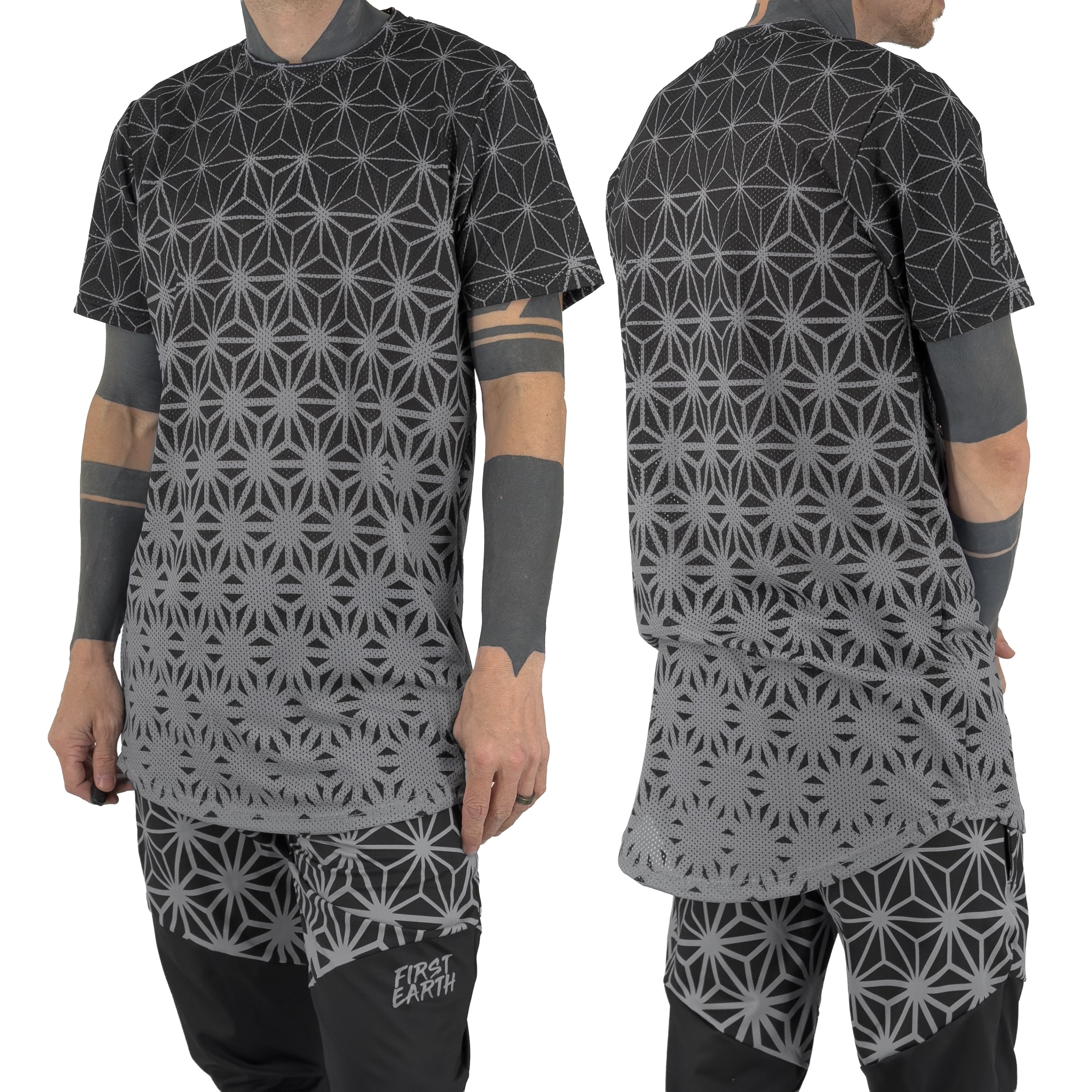 Asanoha Grey unisex mesh rave t-shirt with sacred Japanese hemp leaf pattern for festivals