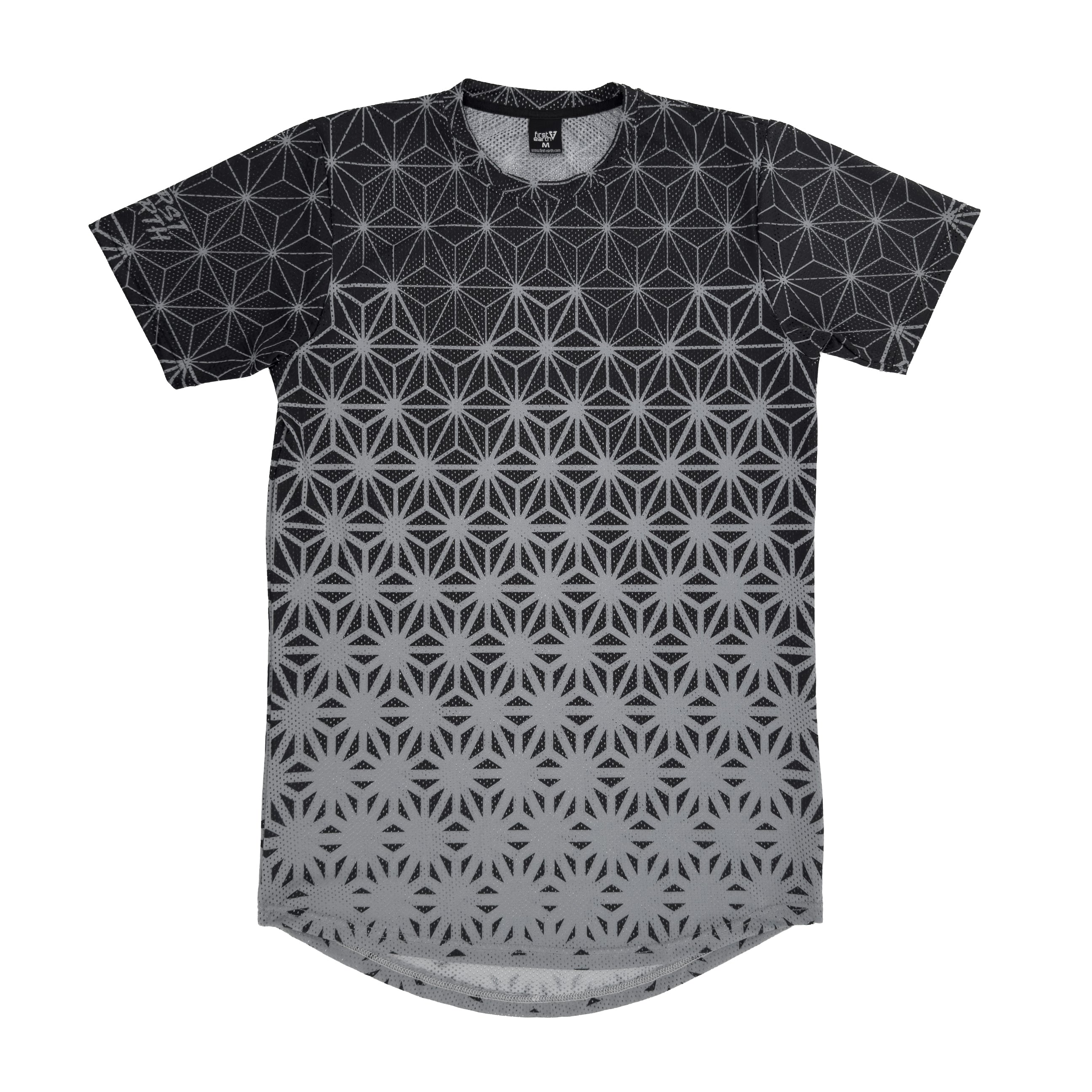 Asanoha Grey unisex mesh rave t-shirt with sacred Japanese hemp leaf pattern for festivals