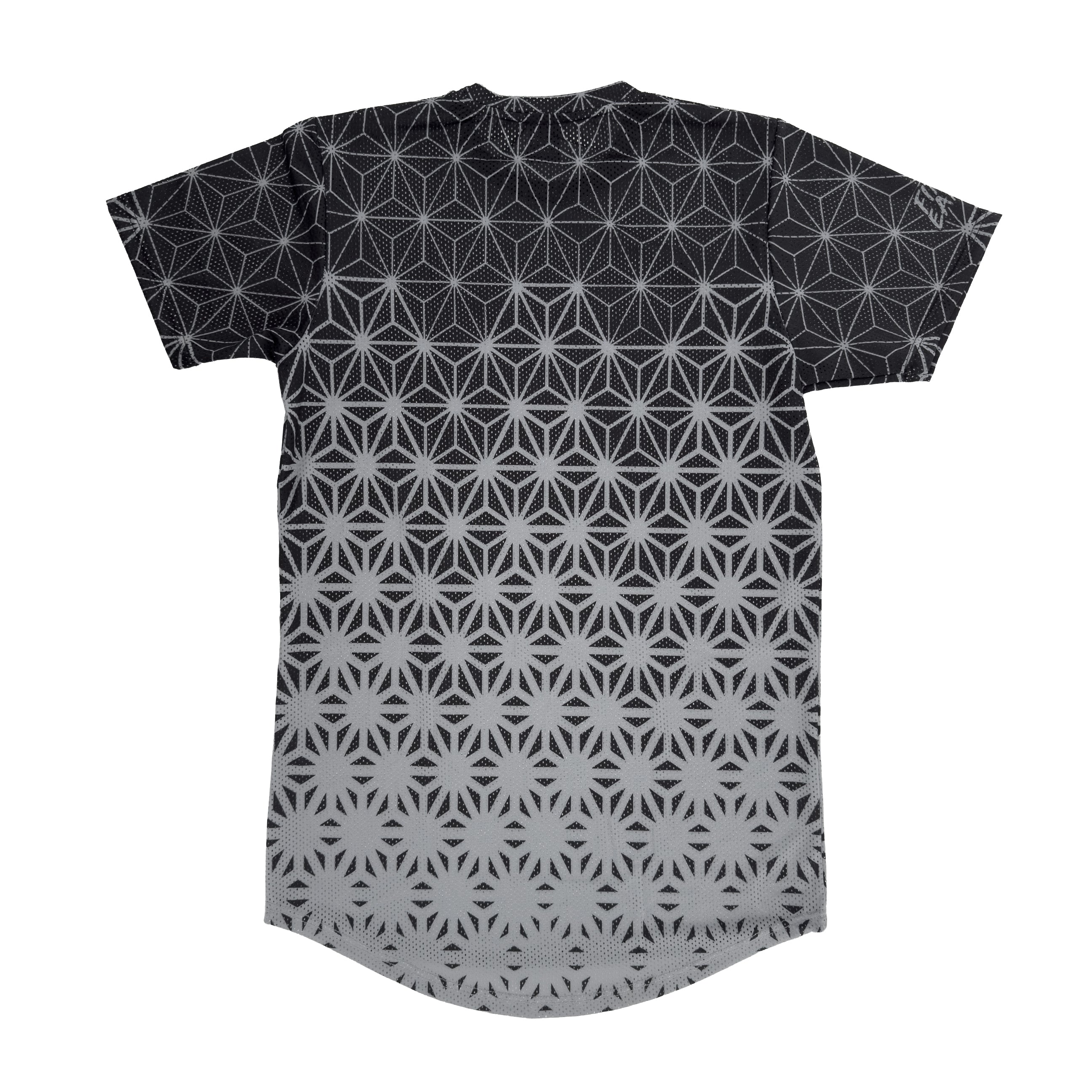 Asanoha Grey unisex mesh rave t-shirt with sacred Japanese hemp leaf pattern for festivals