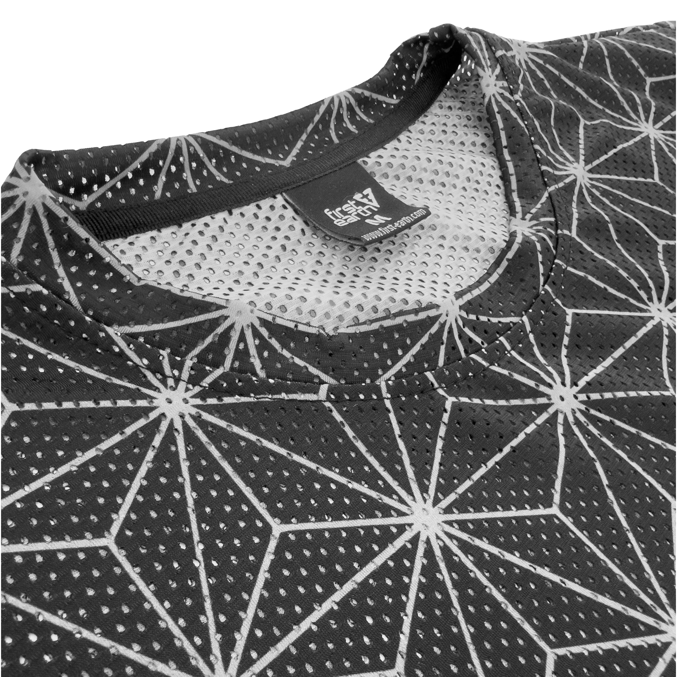 Asanoha Grey unisex mesh rave t-shirt with sacred Japanese hemp leaf pattern for festivals