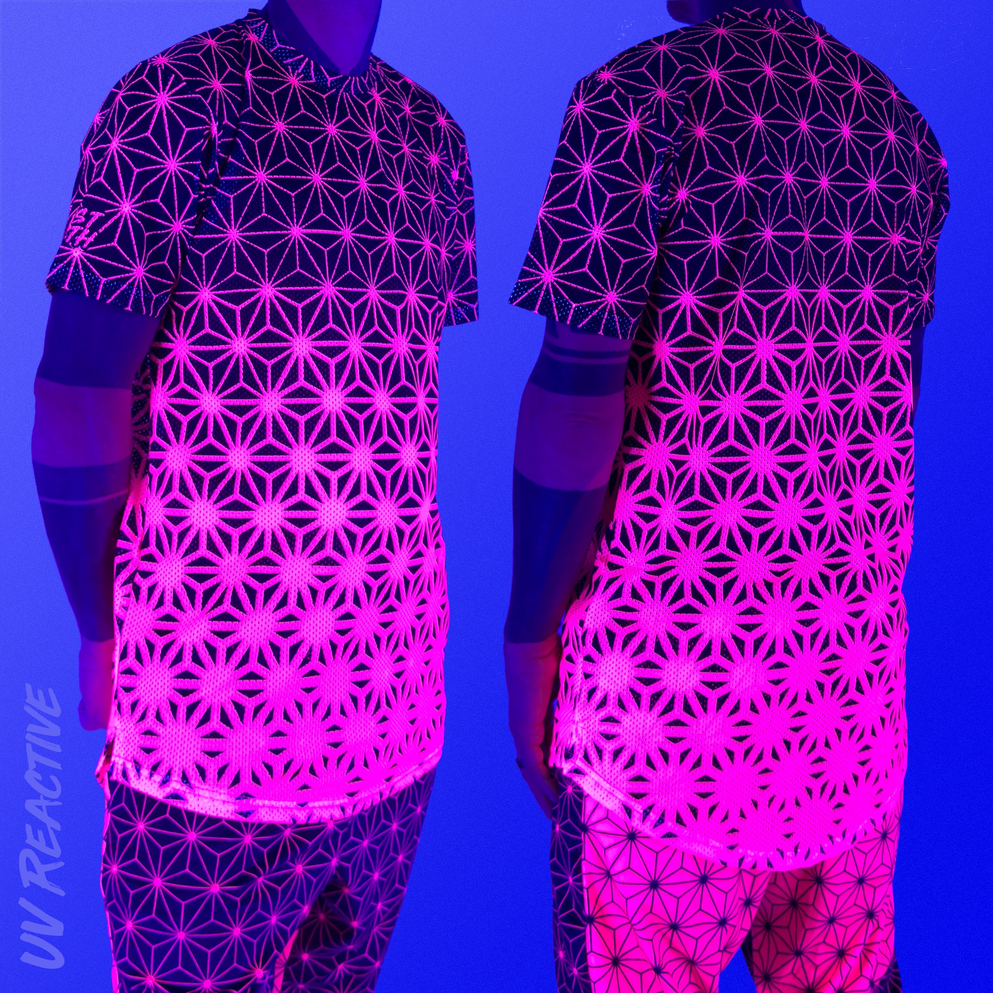 First Earth Asanoha Pink UV mesh t-shirt under blacklight on model showing glowing pink asanoha pattern front and back