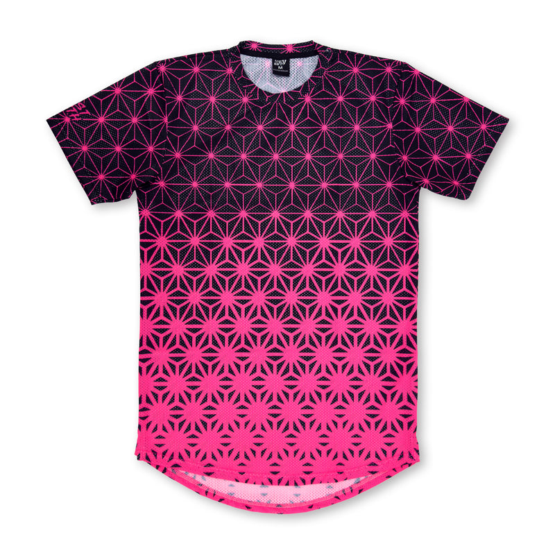 First Earth Asanoha Pink UV mesh t-shirt front with neon pink geometric pattern