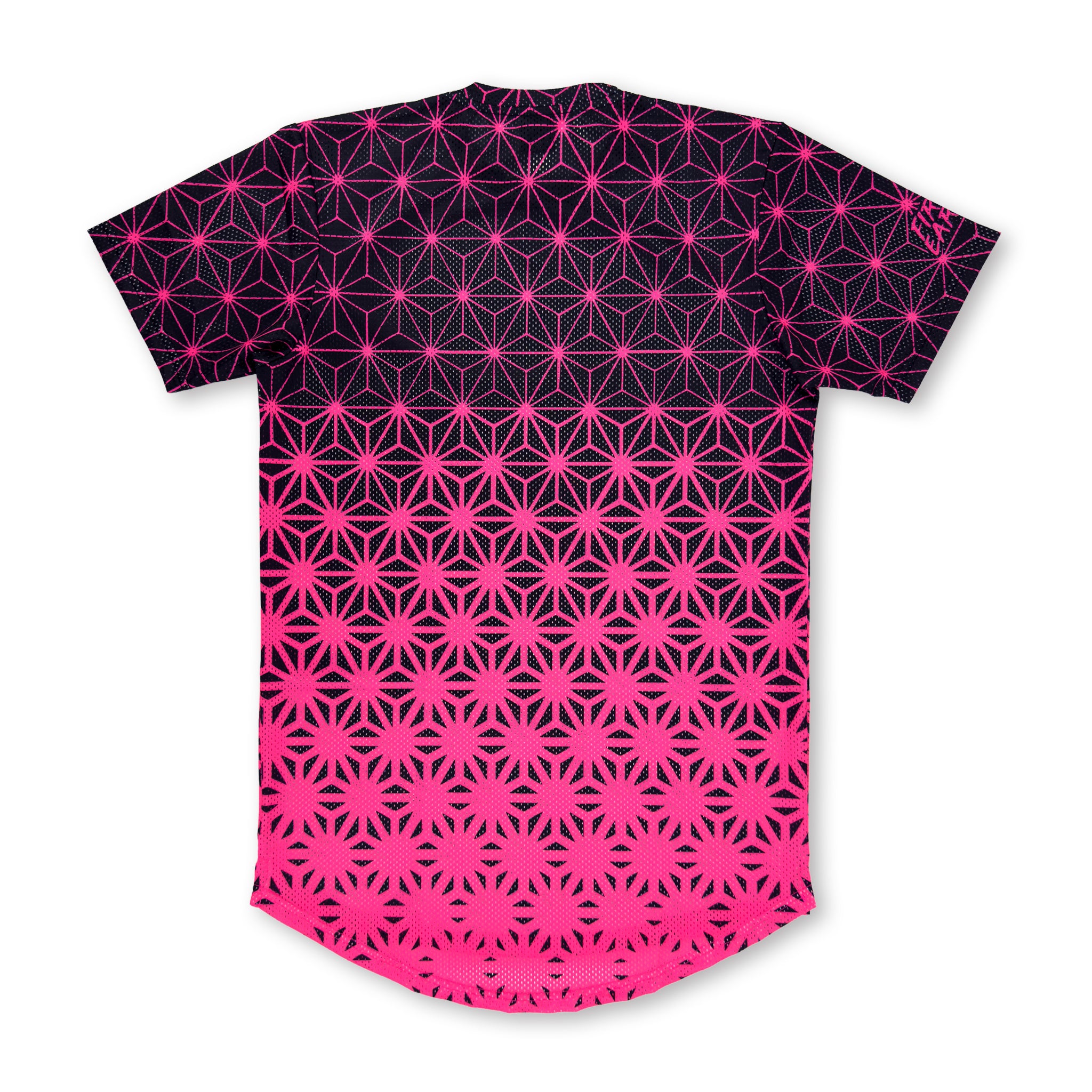 First Earth Asanoha Pink UV mesh t-shirt back with neon pink asanoha pattern