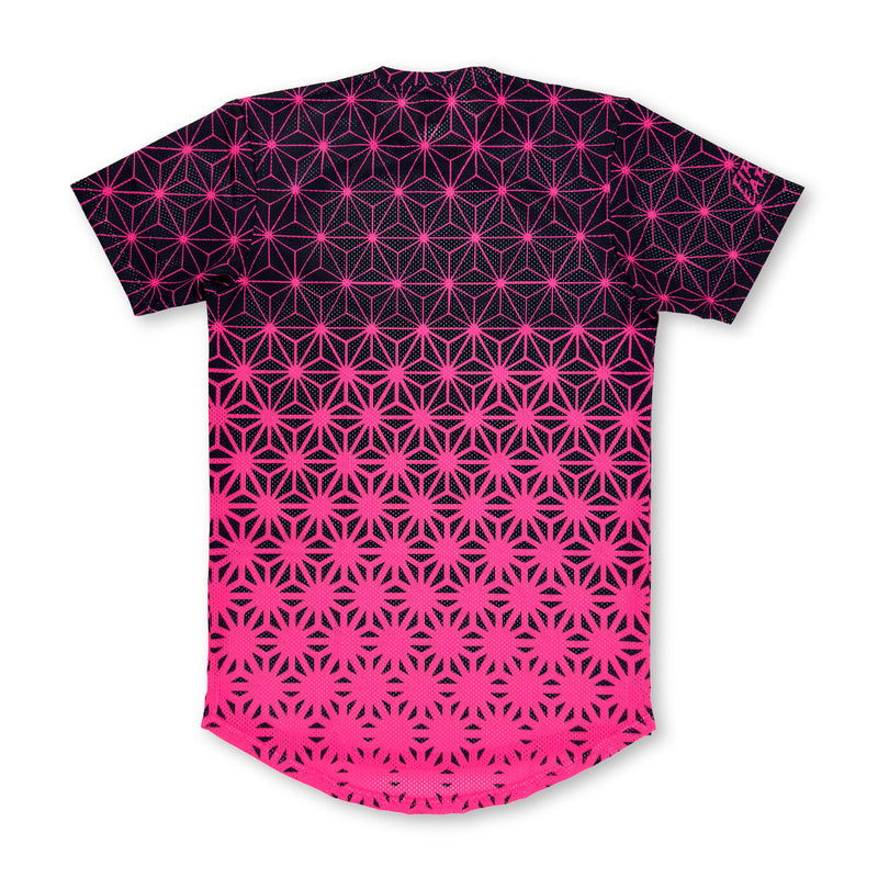 First Earth Asanoha Pink UV mesh t-shirt back with neon pink asanoha pattern