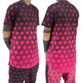 First Earth Asanoha Pink UV mesh t-shirt on model showing front and back views with hot pink geometric asanoha print
