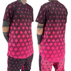 First Earth Asanoha Pink UV mesh t-shirt on model showing front and back views with hot pink geometric asanoha print