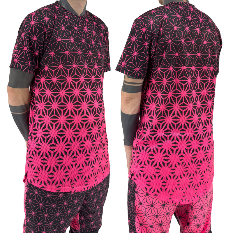 First Earth Asanoha Pink UV mesh t-shirt on model showing front and back views with hot pink geometric asanoha print