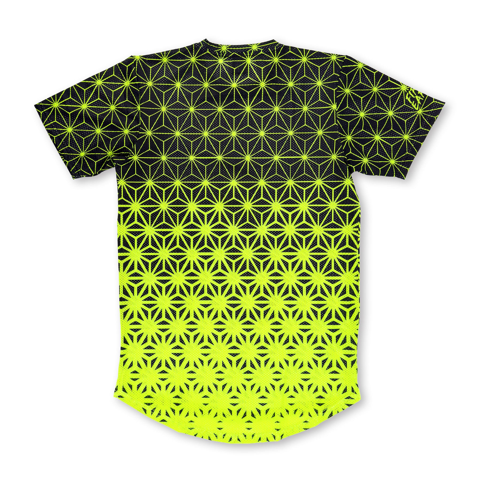 First Earth Asanoha Yellow UV mesh t-shirt back with neon yellow asanoha pattern