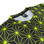 First Earth Asanoha Yellow mesh t-shirt close up showing collar, tag, and breathable fabric